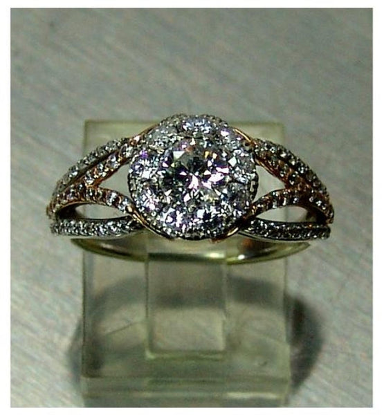 Ladies 14kt. white & rose gold split shank diamond halo engagement ring 1.60tcw