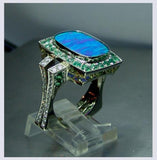 Ladies custom 18kt. white & rose gold crystal boulder opal, Tsavorite, and diamond ring