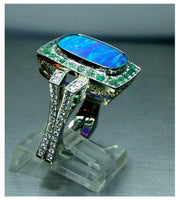 Ladies custom 18kt. white & rose gold crystal boulder opal, Tsavorite, and diamond ring