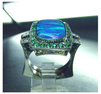 Ladies custom 18kt. white & rose gold crystal boulder opal, Tsavorite, and diamond ring