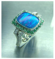 Ladies custom 18kt. white & rose gold crystal boulder opal, Tsavorite, and diamond ring